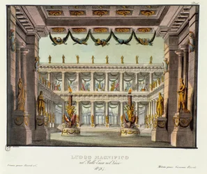 Upea paikka: temppelinäkymä Skenografia Giuseppe Sartin lyyrisen draaman "" Enea nel Lazio "" (1799) esittämiseen. Litografia "" Alessandro Sanquiricon (1777-1849) maisemakeksintöjen kokoelma vuodelta 1830 ". Yksityinen Milano