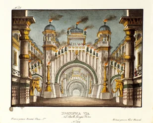Temppeli Tšingis-kaanin aikaan Skenografia italialaisen koreografin Giovanni Galzeranin (1780-1865) (1828) baletille "" Genis-Kan ". Litografia "" Alessandro Sanquiricon (1777-1849) maisemakeksintöjen kokoelma vuodelta 1830 ". Milanolainen yksityinen
