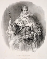 Ferdinand I (1793-1875), Lombardia-Venetsian kuningas valtiollisessa juhla-asussa, teoksesta ”Hänen keisarillisen ja kuninkaallisen majesteettinsa Ferdinand I:n, Lombardia-Venetsian kuningaskunnan kuninkaan, kruunajaiset”, julkaistu 1838