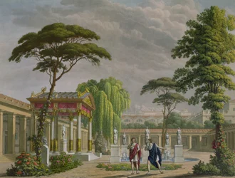 Pompejin Diomeden talon puutarhat, koristelu Giovanni Pacinin (1796-1867) oopperaan "Pompejin viimeiset päivät" La Scalassa Milanossa, 1827