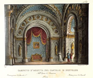 Isolettan kabinetti Bretagnen Montolinon linnassa Lavastus Vincenzo Bellinin oopperan "La straniera" (1828) esitykseen Teatro alla scalassa vuonna 1829. Litografia "" Alessandro Sanquiricon maisemakeksintöjen kokoelma vuodelta 1830