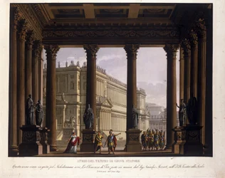 Alessandro Sanquiricon (1777-1849) lavastus Wolfgang Amadeus Mozartin (1756-1791) "The Clemence of Tito" kiipeää Milanon La Scalaan vuonna 1819 ja edustaa Jupiterin temppelin atrium Stator Statore: Sextus pysäytetään; Viterlin säilyttämiseksi