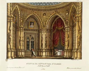 Elmiren (tai Elmiron) makuuhuone. Lavastus Gioachino Rossinin oopperaan "Otello" (1816), joka perustuu William Shakespearen näytelmään "Othello eli Venetsian mauri", 1830