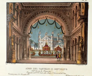 Bretagnen Montolinon linnan eteinen Lavastus Vincenzo Bellinin oopperan "La straniera" (1828) esitykseen Teatro alla scalassa vuonna 1829. Litografia "" Alessandro Sanquirin maisemakeksintöjen kokoelma vuodelta 1830