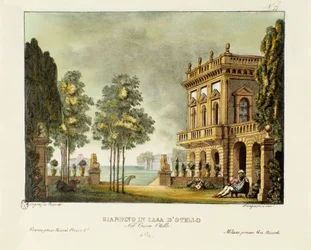 Näkymä Otellon puutarhaan ja taloon. Lavastus Gioachino Rossinin oopperaan "Otello" (1816), joka perustuu William Shakespearen näytelmään "Othello, Venetsian mauri". Litografia Alessandro Sanquiricon teoksessa "Raccolta di invenzioni sceniche del 1830"