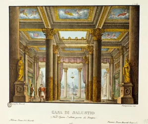 Näkymä Salustion talosta (Saluste) Skenografia Giovanni Pacinin "Pompejin viimeinen päivä" (Pompejin viimeinen päivä) esittämiseen. Litografia "" Alessandro Sanquiricon (1777-1849) maisemakeksintöjen kokoelma vuodelta 1830 ". Milano