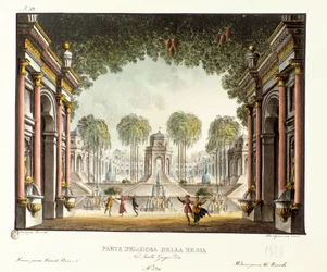 Näkymä Tšingis-kaanin palatsin kuninkaallisesta hovista Skenografia italialaisen koreografin Giovanni Galzeranin (1780-1865) (1828) baletille "" Genis-Kan "". Litografia julkaisussa "" Alessandro Sanquiricon (1777-1849) maisemakeksintöjen kokoelma vuodelta