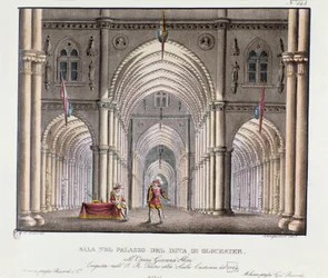 Näkymä Gloucesterin herttuan palatsin salista Skenografia Carlo Pontin (1829) oopperan "Giovanna Shore" (Jeanne Shore) esittämiseen. Litografia julkaisussa "" Alessandro Sanquiricon (1777-1849) maisemakeksintöjen kokoelma vuodelta 1830"