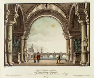Näkymä kuninkaallisen palatsin salista Skenografia Vincenzo Bellinin (1826) oopperan "Bianca e Fernando" esittämiseen vuonna 1829. Litografia "" Alessandro Sanquiricon (1777-1849) maisemakeksintöjen kokoelma vuodelta 1830 ". Yksityinen Milano