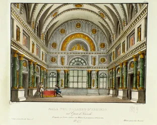 Näkymä Syrakusan kuninkaan Argirion palatsista Skenografia Milanon esitykseen vuonna 1829 Gioacchino Rossinin (tai Gioachinon) (1813) ooppera "Tancredi" (tai Tancrede) Voltairen palan "Tancrede" jälkeen. Litografia "" Keksintökokoelmassa