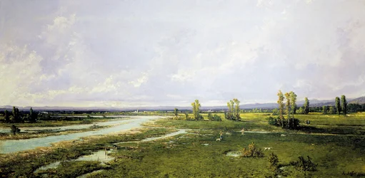 Metsästystä Piaven joen uomassa Bellunossa, Alessandro Sefferin (1832-1905) maalaus, öljy kankaalle