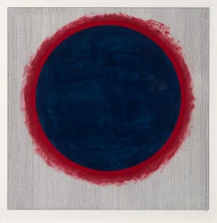 Circle Blue on Red, 2022 (emali ja kynä kortille)