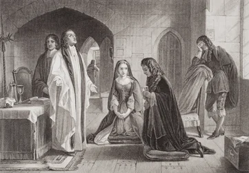 Lordi William Russell saamassa sakramentin ennen teloitustaan 21. heinäkuuta 1683, Englannin ja Skotlannin historian kuvituksia, osa I (kaiverrus).