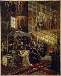 Venäjän tsaari Aleksis I Mihailovitš, joka tunnetaan nimellä Erittäin rauhallinen tsaari (1629-1676) ja patriarkka Nikon (1605-1681) Moskovan metropoliitin Philip I:n arkussa (tsaari Aleksei I Mihhailovitš ja patriarkka Nikon Filip I:n arkussa) , Metropoli