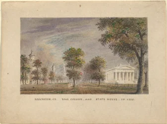 New Haven CT. Yale College ja State House vuonna 1830