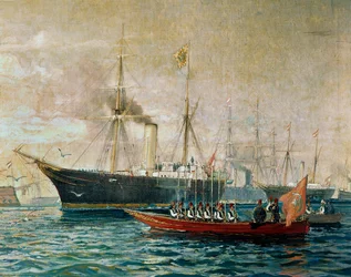 Keisari Franz Joseph I:n saapuminen HMS Greif -aluksella Port Saidiin Suezin kanavan avajaisia varten ... (maalaus kankaalle)