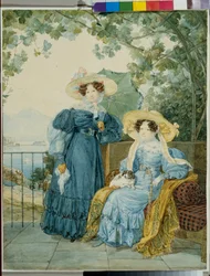 Comtessen muotokuvia Ekaterina Artemievna Vorontsov (1780-1836) ja prinsessa Elena Mikhailovna Golitsyne (1776-1855) - Prinsessan Ekaterina Vorontsovan ja Elena Gallitzinen muotokuva - Alexander Pavlovich Briullovin akvarelli paperille
