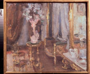 Ilta huoneessa - Aleksanteri Valentinovich Sredin (Sredine) (1872-1934) työ, öljy pahville - venäläinen taide, 1800-luvun loppu - 1900-luvun alku, modernismi - Valtion alueellinen I Pozhalostinin taidemuseo, Ryazan (Venäjä)