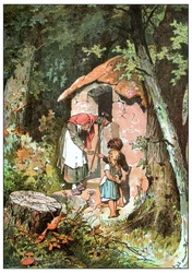 Grimmin veljesten Hannu ja Kerttu -teoksen kuvitus, noin 1899 (offsetpaino).