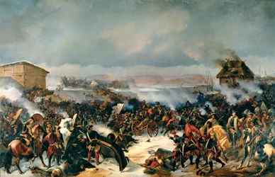 Narvan taistelu, 19. marraskuuta 1700. Suuren Pohjan sodan (1700-1721) jakso Ruotsin ja kaikkien Baltian maiden, Tanskan, Puolan ja Venäjän välillä. Alexander (Alexander) von Kotzebuen (1815-1889) maalaus öljy kankaalle