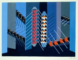 Kokeellinen lavastus, kuvitus Alexandra Exterin teoksesta "Maquettes de Theatre", julkaistu 1920-luvulla (litho)