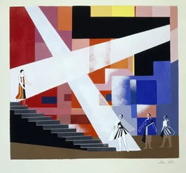 Lavastus Shakespearen Macbethille, kuvitus Alexandra Exterin teoksesta "Maquettes de Theatre", julkaistu 1920-luvulla (litho)