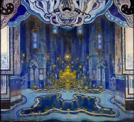 Suunnittelu "La Salle du Tronen" sisustukseen "Le Rossignol", 1914