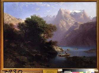""Vuorimaisema järvellä Sveitsissä"" (Mountain lake) maalaus Alexandre Calame (1810-1864) 1860 Regional Art Gallery, Tambov Venäjä