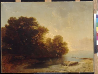 Puut järven rannalla, Calame, Alexandre (1810-1864). Öljy kankaalle, Mitat: 62x81. Valtion A. Pushkinin kuvataidemuseo, Moskova