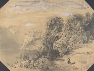Nainen koiran kanssa vuoristojärven rannalla, 1800-luvun alkupuolelta puoliväliin.