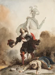 Don Juan et Leporello rencontrent la statue du Commandeur au cimetière (grafiitti, kynä ja ruskea muste akvarellilla paperille, korotettu arabikumilla)