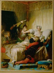 Pyhän Bartolomeuksen verilöylyn kohtaus Navarran kuningattaren makuuhuoneessa ...