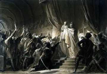 Keisarinna Maria-Theresa (1717-80) esittelee tulevaa Joseph II:ta Unkarin magnaateille (grafiitti, seepiapesu musteella ja guassi paperille)