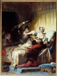Uskontojen sota: "" kohtaus Saint Barthelemyn verilöylystä 24.08.1572"" Evariste Fragonardin (1780-1850) maalaus 1836 Su. 1,79 x 1,33 m