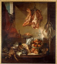 Keittiöinteriööri, jossa on riistasta, hedelmistä ja lihasta koostuva asetelma. 1700-luku. Châlons-sur-Marne, Musée des Beaux-Arts