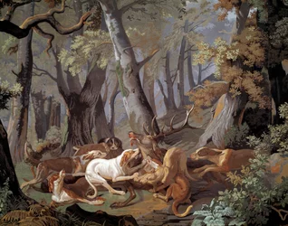 Stag Hunting Dussy -tapetti Alexandre-Francois Desportesin (1661-1743) maalauksen jälkeen. 1851. Paris, Decorative Arts