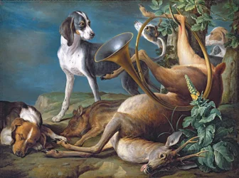 Asetelma kuolleesta riistasta ja ajokoirista, 1730