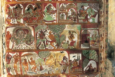 Freskot, jotka kuvaavat Shivan elämää Parvatin pyhäkössä, Natarayan temppelissä, Chidambaramissa, Tamil Nadussa, Intiassa, 5. vuosisadalla