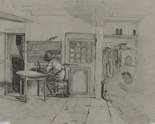 Maalaistalon sisustus pojan kanssa pöydässä, n. 1846.