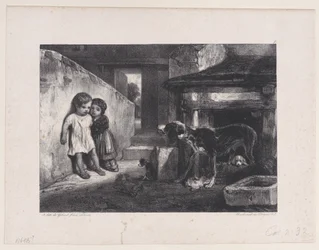 Torjuvan koiran peloissaan lapset, sarjasta Metsästyskohtaukset, 1829.