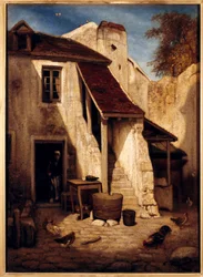 Fontainebleaun maalaismaisen sisäpihan sisustus Alexandre Gabriel Decampsin (1803-1860) maalaus 1800-luvun su. 0,78x0,56 m Pariisi, Musee du Louvre.
