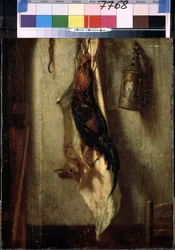 ""kukon ja jäniksen asetelma, riippuva koukussa ja lyhty"" Alexandre-Gabriel Decamps (Alexandre Gabriel) maalaus (1803-1860) 1800-luku Koko 28x24 cm Eremitaaši, Pietari (Pietari)