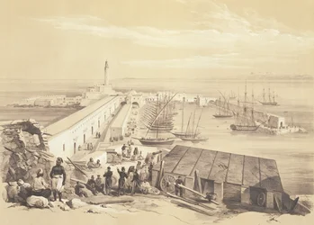 Algerin satama ja laituri, teoksesta, jossa muistetaan Algerin vuonna 1830 valloittaneita ranskalaisia retkikuntajoukkoja, kaiverrettu Adolphe Jean-Baptiste Bayot (1810-66)