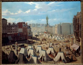 Joukkoleiri Boulevard du Templellä kesäkuun päivinä 1848. Näkymä Pariisiin vuoden 1848 vallankumouksen aikana. Alexandre Josquinin maalaus (1800-luku). Öljy kankaalle. Mitat: 0,64 x 0,81 m. Pariisi, Musee Carnavalet - joukkojen leiriytys Boulevardilla
