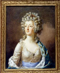 Ranskan kuningattaren Marie Antoinetten (1755-1793) muotokuva. Hänen hiuksensa on kiharrettu (hiuskiharat). 1700-luku, yksityiskokoelma