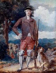 Muotokuva ranskalaisen Charles-Philippen (1757-1836), Artoisin kreivin, tulevan Kaarle X:n metsästäjän puvussa jalassa Alexandre Moiten (1750-1828) akvarelli 1700-luvun Amiens, Musee de Picardie
