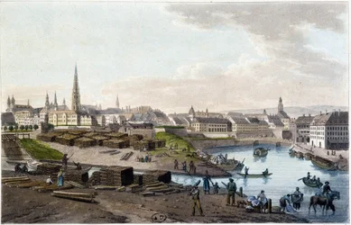 Näkymä Wieniin Leopold-Stadtin rannikolta (teoksia laiturilla) - teoksessa "Kreivi Alexandre de Laborden maalauksellinen matka Itävaltaan", Pariisi, toim. Vanhin Didot