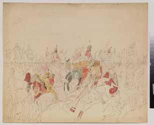 Maharaja Sher Singh (1807-1843) Punjabista (Intia) ja hänen hovissaan. Aleksei Dmitrievich Saltykovin (1806-1859) työ, akvarellikynä ja muste paperille