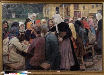 Ateria. Puutarhaan katettu pitkä pöytä lounaan tarjoilemiseksi ihmisjoukolle, päivystävät naiset ovat päällään valkoiset huivit. Aleksei Mikhaylovich Korin (Korine) (1865-1923) maalaus öljy kankaalle