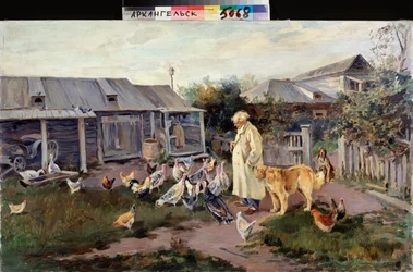 Aamutervehdys - Pihan eläimet ympäröivät maanviljelijää - Aleksei Stepanovitš Stepanovin (1858-1923) maalaus, öljy kankaalle, loppu 1890, venäläistä taidetta
